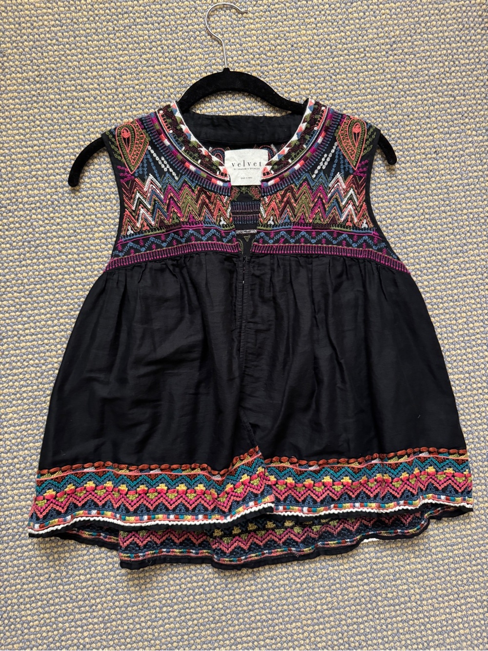 Velvet by Graham & Spencer Black Embroidered Boho Top with Multicolor Yoke
